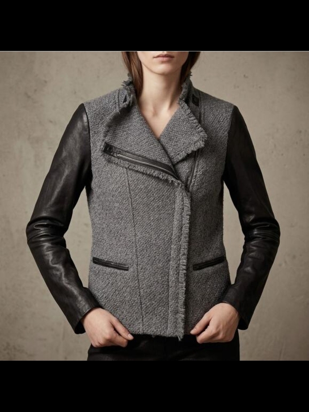 VINCE - Gray Wool-Blend Jacket with Black Leather Sleeves